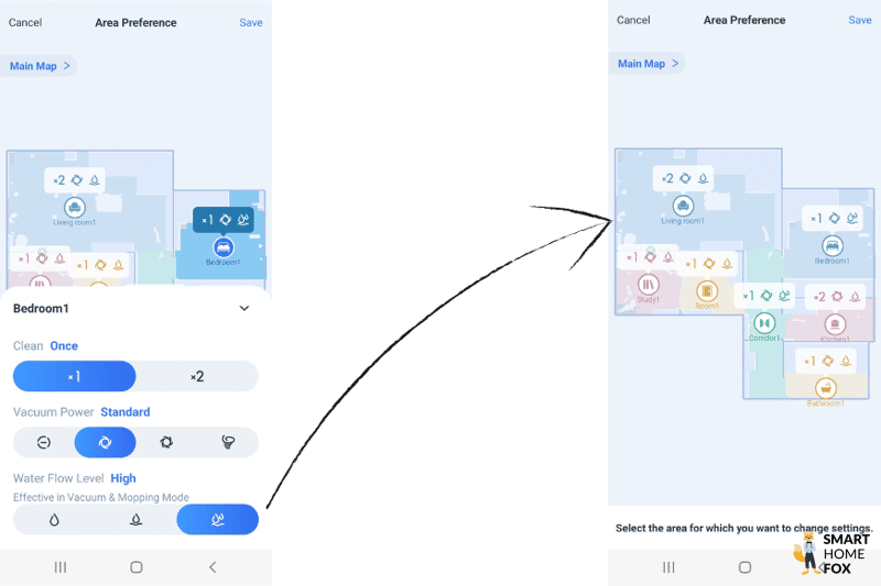 Die Wasserabgabemenge des Ecovacs Deebot T10 wird in der App festgelegt.